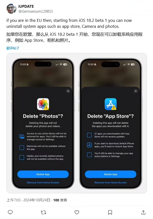 桑珠孜苹果手机维修分享iOS 18.2 支持删除 App Store 应用商店 