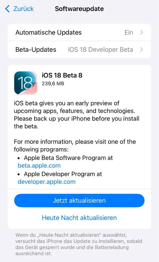 桑珠孜苹果手机维修分享苹果 iOS / iPadOS 18 开发者预览版 Beta 8 发布 